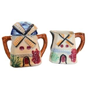 Vintage Ceramic Hand Painted Windmill Japan Creamer And Lidded Sugar Bowl Set